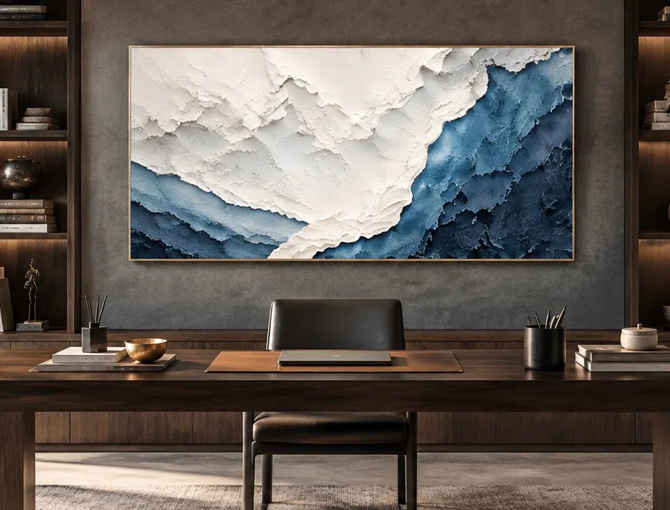Abstract Oil Painting - Textured Blue and Ivory Coastal Wall Art