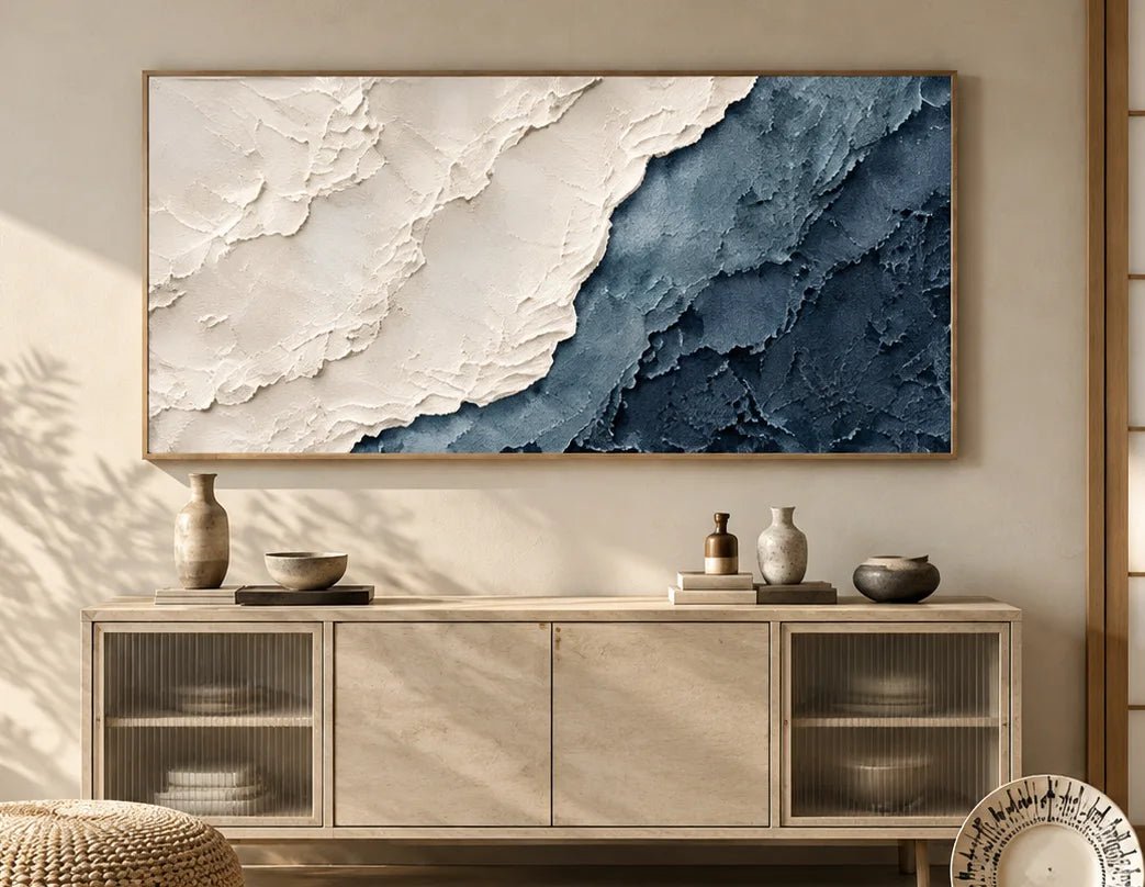 Abstract Oil Painting - Textured Blue and Ivory Coastal Wall Art