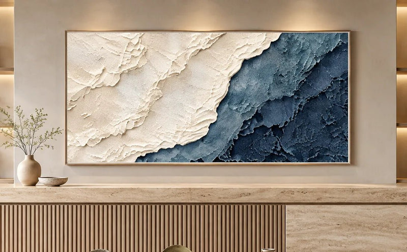 Abstract Oil Painting - Textured Blue and Ivory Coastal Wall Art