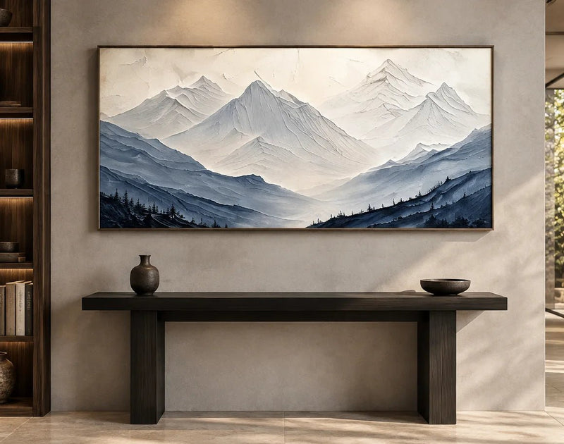 Abstract Oil Painting - Textured Blue Gray Mountain Landscape Art