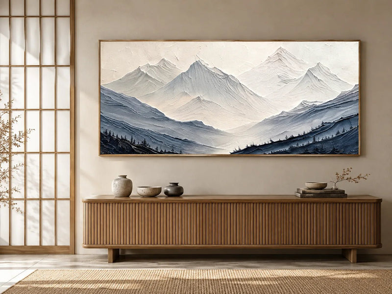 Abstract Oil Painting - Textured Blue Gray Mountain Landscape Art