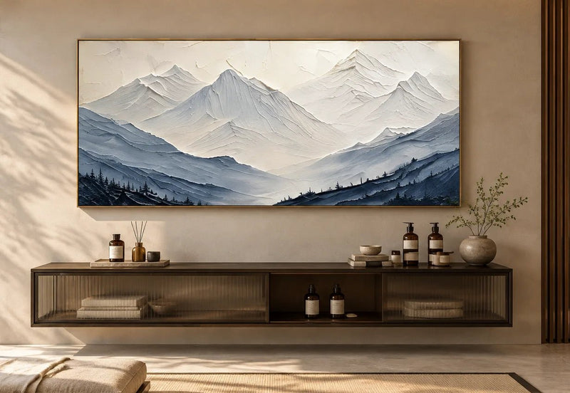 Abstract Oil Painting - Textured Blue Gray Mountain Landscape Art