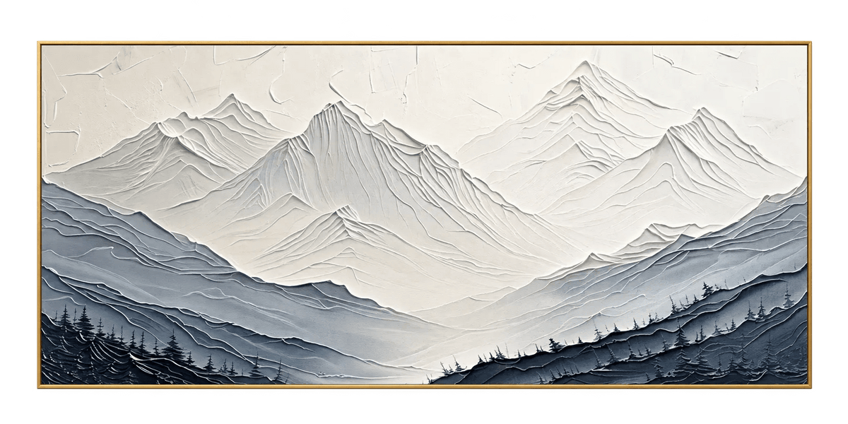 Abstract Oil Painting - Textured Blue Gray Mountain Landscape Art