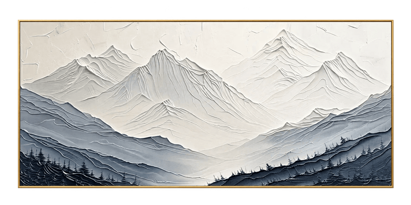 Abstract Oil Painting - Textured Blue Gray Mountain Landscape Art
