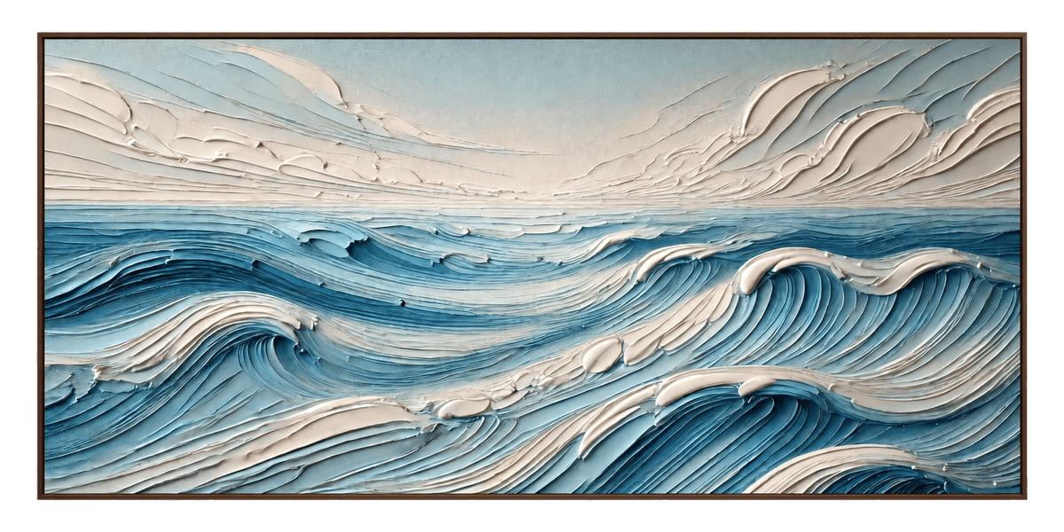 Peinture à l’huile – Vagues bleues en relief et écume ivoire
