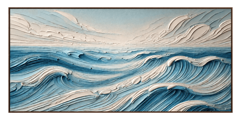 Peinture à l’huile – Vagues bleues en relief et écume ivoire