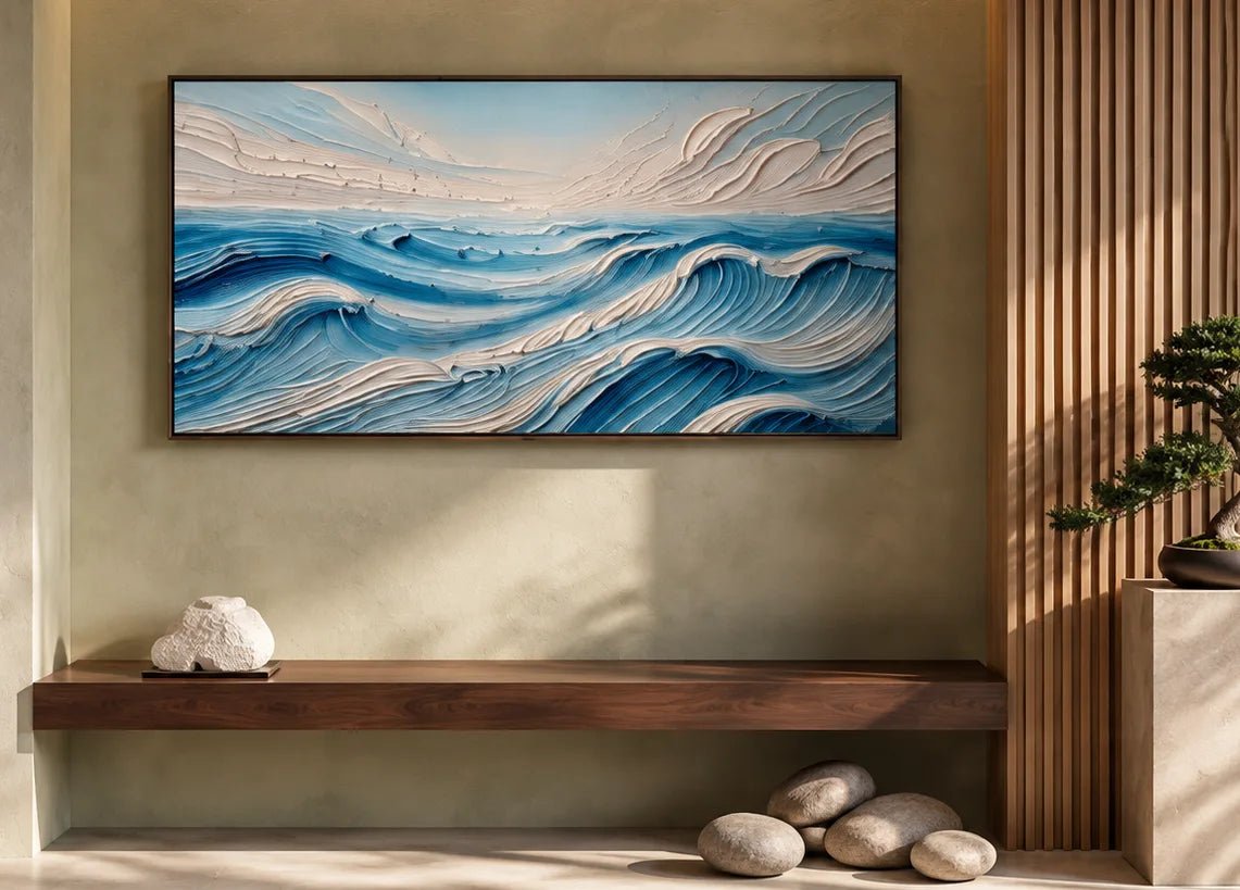 Peinture à l’huile – Vagues bleues en relief et écume ivoire