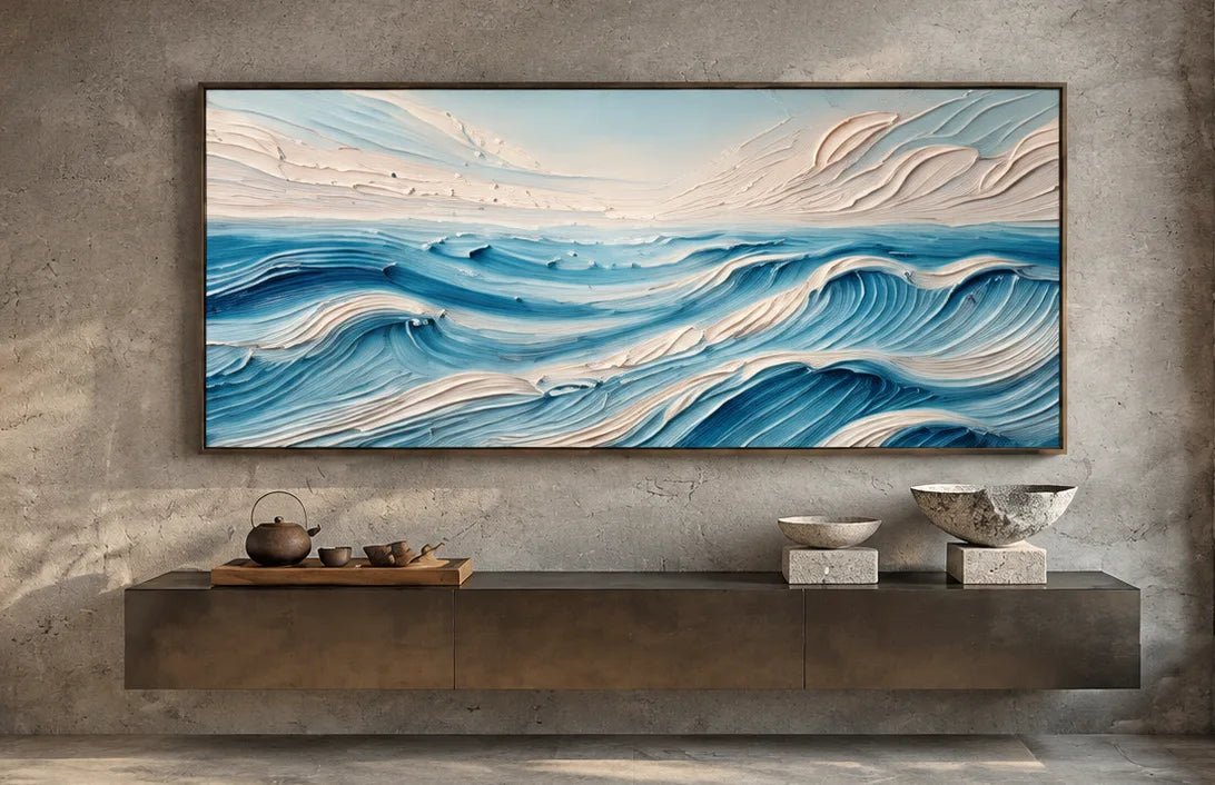 Peinture à l’huile – Vagues bleues en relief et écume ivoire