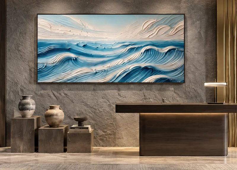 Peinture à l’huile – Vagues bleues en relief et écume ivoire