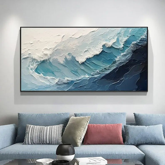 Abstract Oil Painting - Textured Blue Ocean Waves Wall Art - Oil Painting Haven