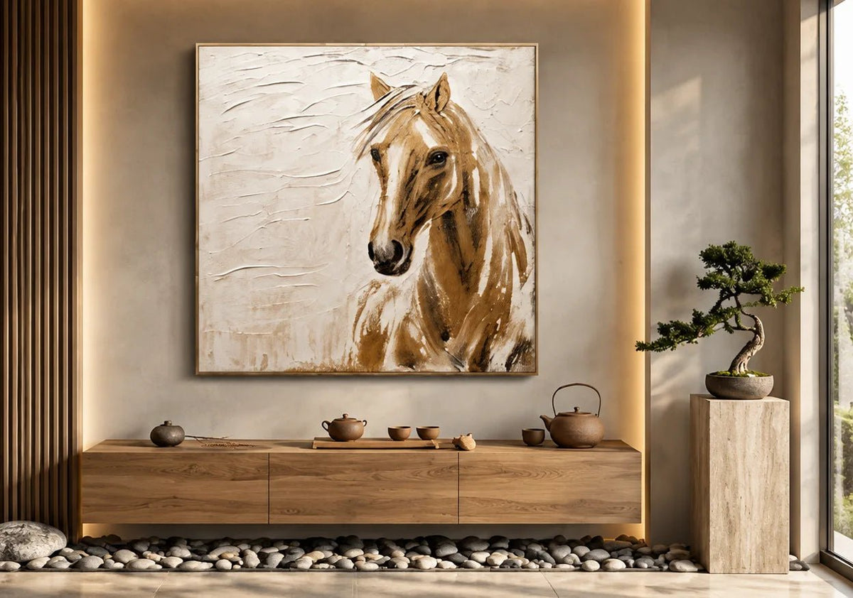 Dipinto a olio astratto - Ritratto materico di un cavallo marrone da appendere al muro
