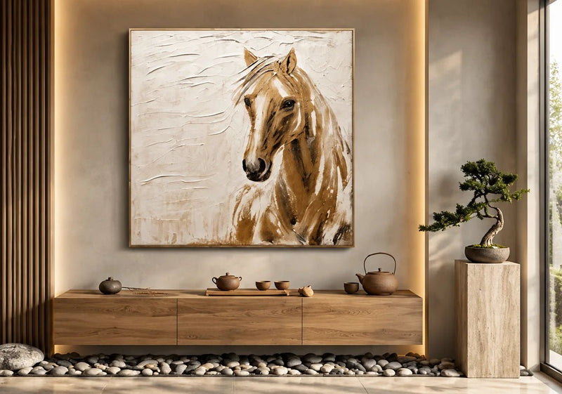 Dipinto a olio astratto - Ritratto materico di un cavallo marrone da appendere al muro