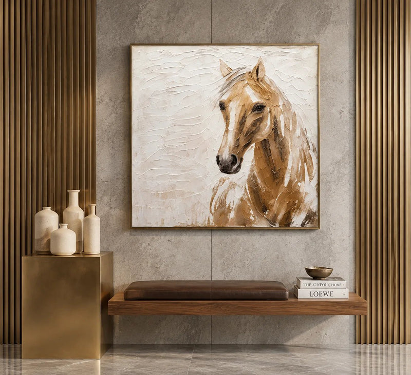 Dipinto a olio astratto - Ritratto materico di un cavallo marrone da appendere al muro