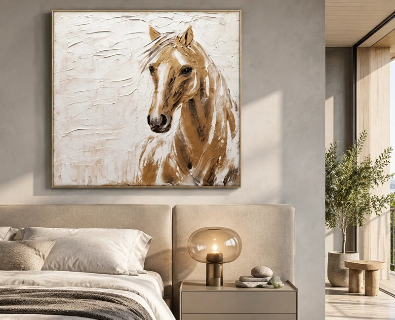 Dipinto a olio astratto - Ritratto materico di un cavallo marrone da appendere al muro