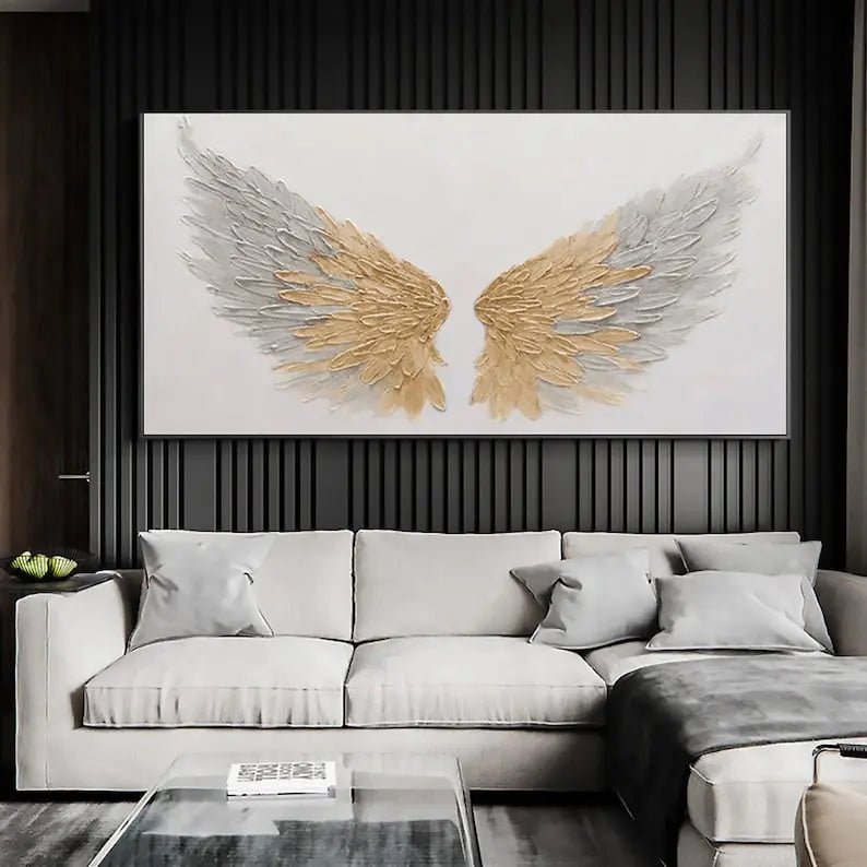 Abstract Oil Painting - Textured Gold and Gray Angel Wings Wall Art - Oil Painting Haven