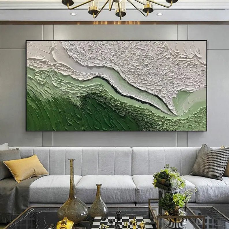 Abstract Oil Painting - Textured Green and White Landscape Wall Art - Oil Painting Haven