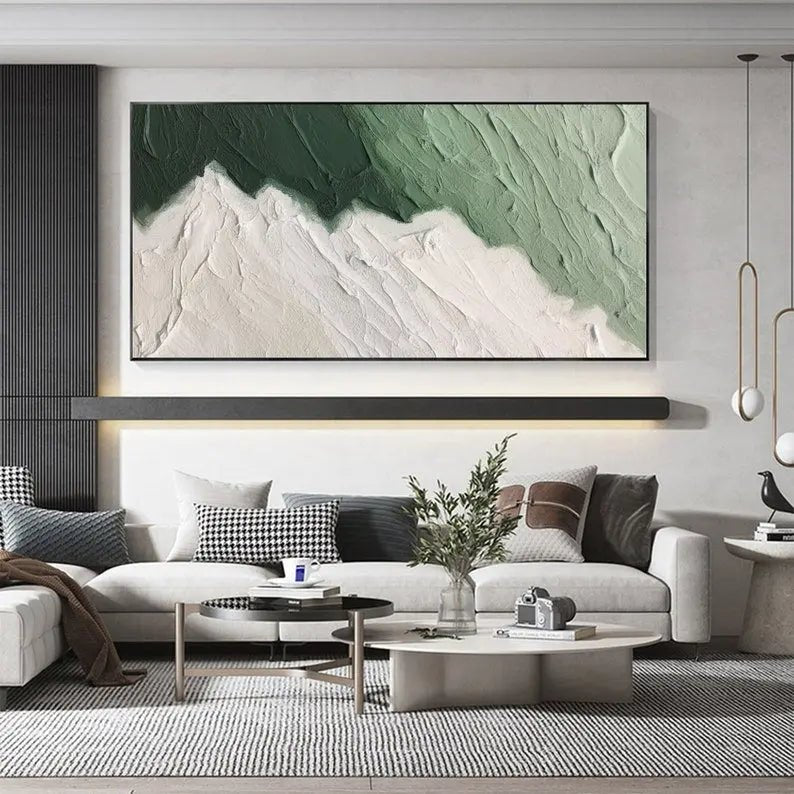 Abstract Oil Painting - Textured Mountain Landscape with Green and Neutral Tones - Oil Painting Haven