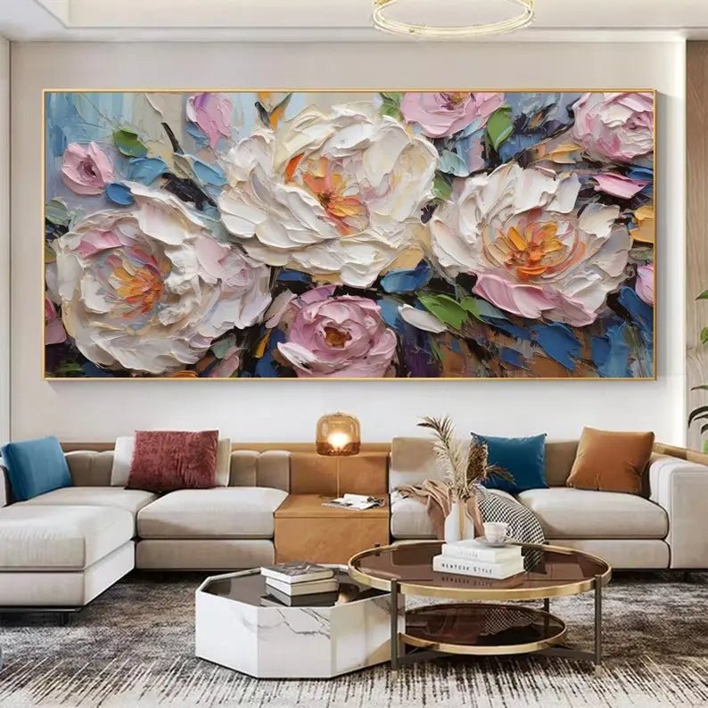Abstract Oil Painting - Textured Peony Bouquet Wall Art - Oil Painting Haven
