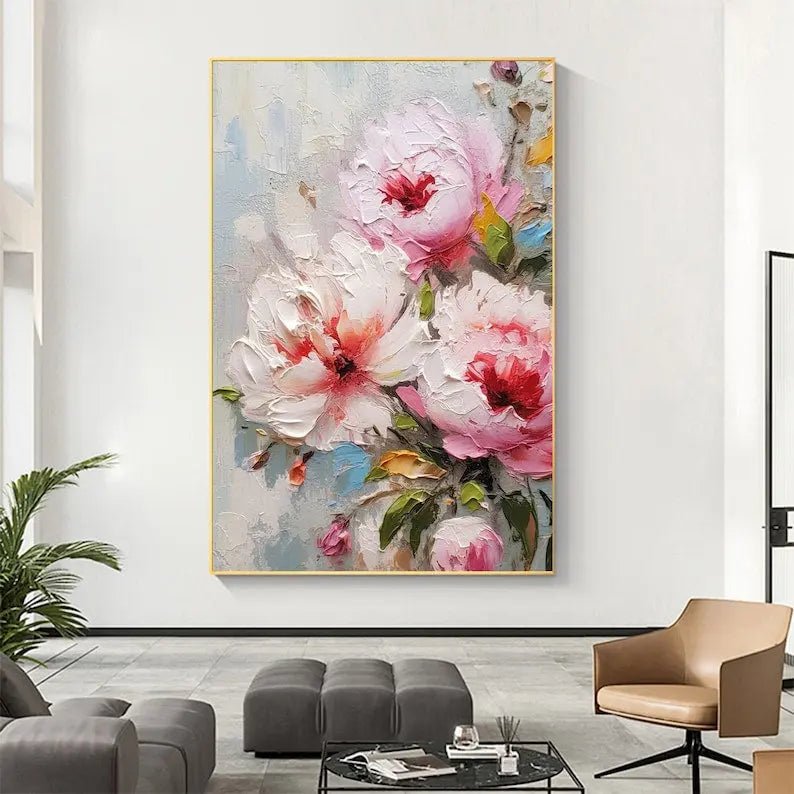 Abstract Oil Painting - Textured Pink Floral Bouquet Wall Art - Oil Painting Haven