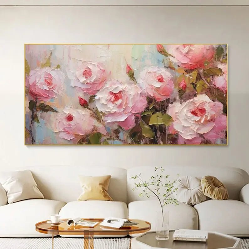 Abstract Oil Painting - Textured Pink Rose Bouquet Wall Art - Oil Painting Haven