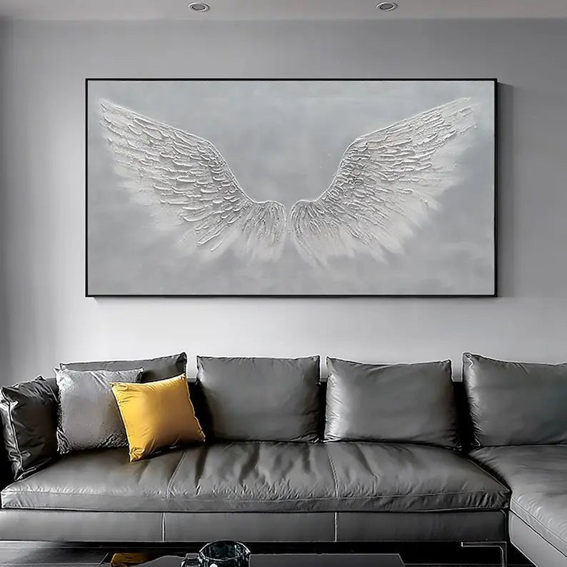 Abstract Oil Painting - Textured White Angel Wings Wall Art - Oil Painting Haven