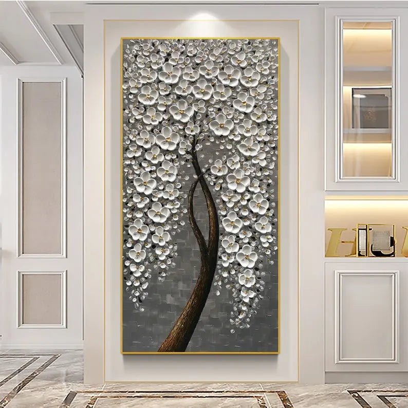 Abstract Oil Painting - Textured White Floral Tree Wall Art - Oil Painting Haven