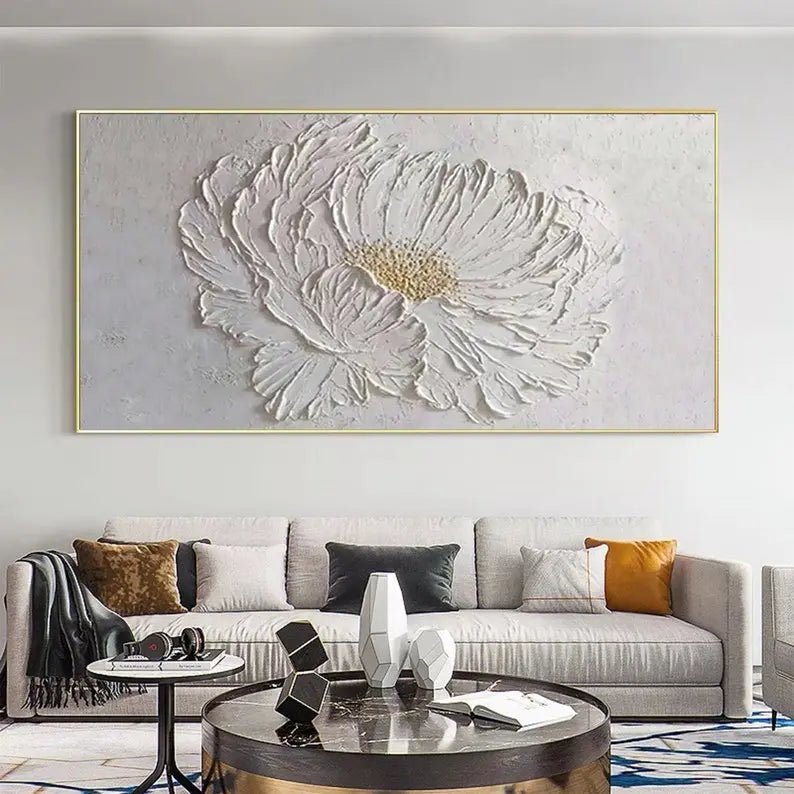 Abstract Oil Painting - Textured White Floral Wall Art - Oil Painting Haven