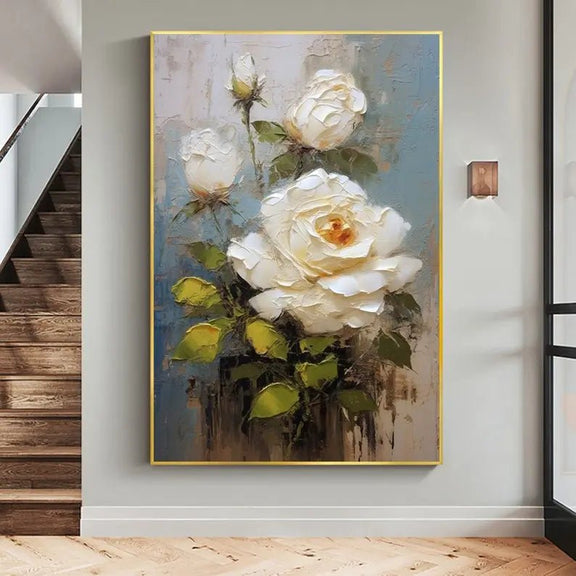 Abstract Oil Painting - Textured White Rose Bouquet Wall Art - Oil Painting Haven