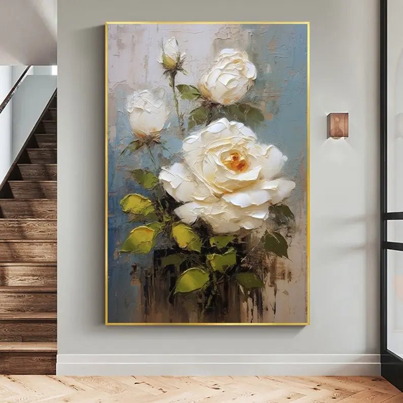 Abstract Oil Painting - Textured White Rose Bouquet Wall Art - Oil Painting Haven