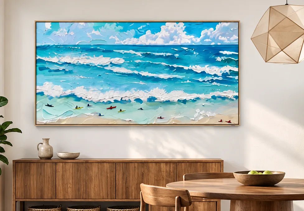 Abstract Oil Painting - Turquoise Ocean Waves and Surfers Wall Art