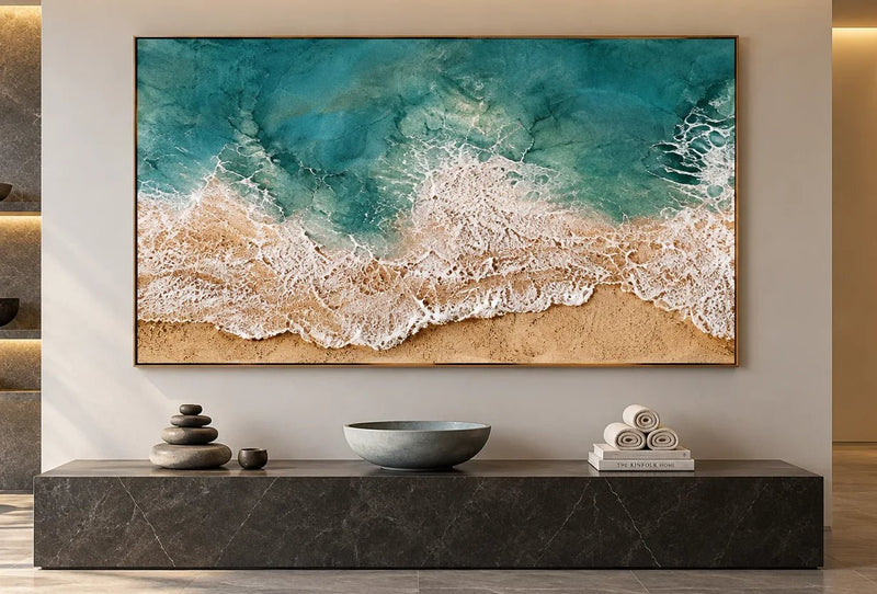 Pintura al óleo abstracta - Arte de pared de olas turquesas en orilla arenosa