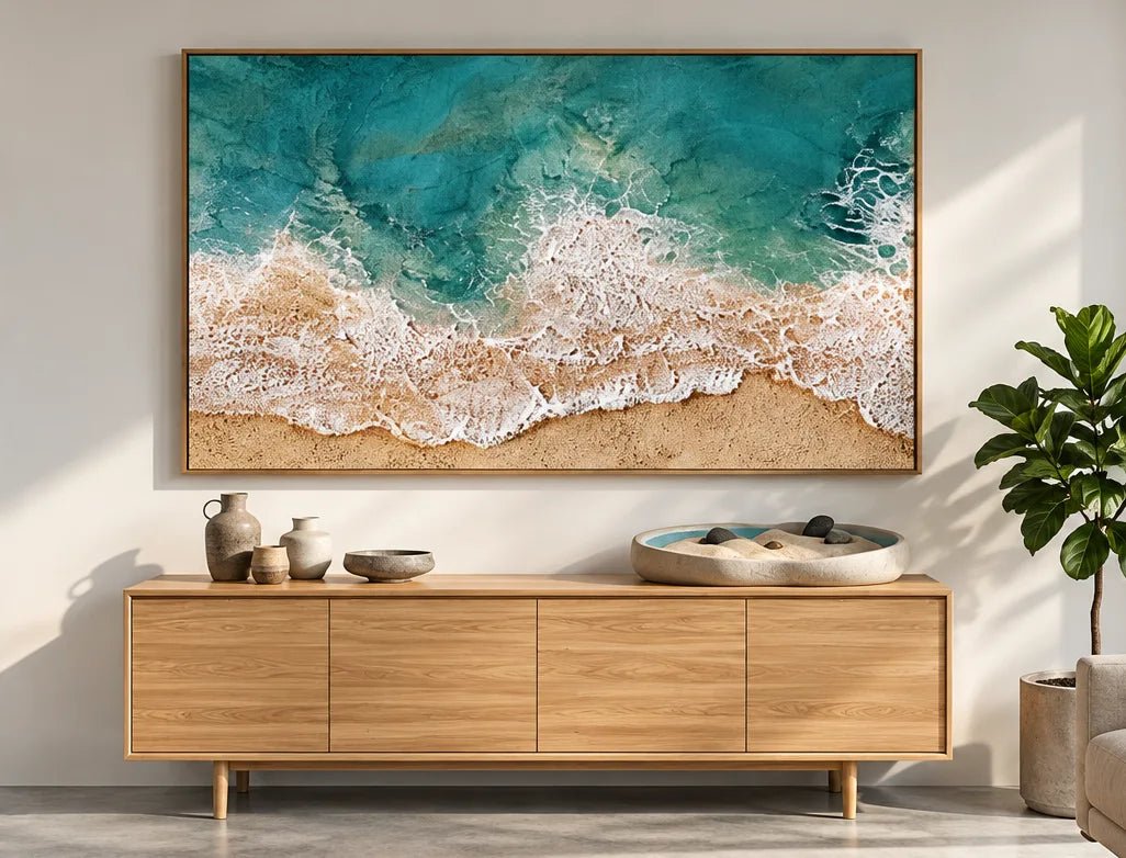Pintura al óleo abstracta - Arte de pared de olas turquesas en orilla arenosa