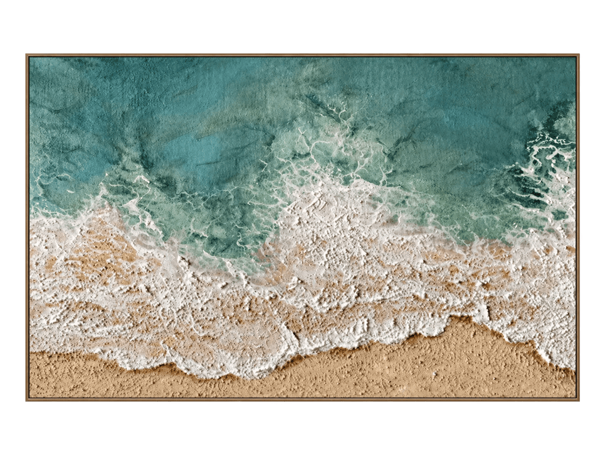 Pintura al óleo abstracta - Arte de pared de olas turquesas en orilla arenosa
