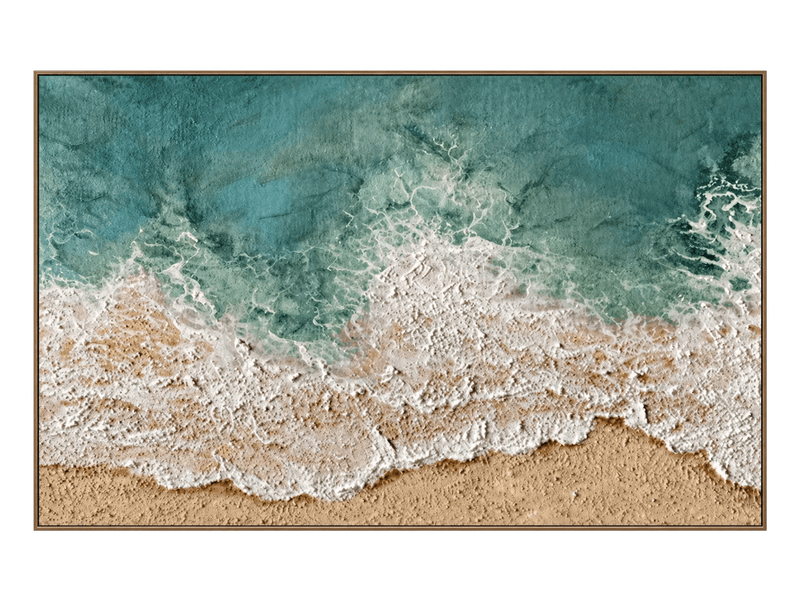 Pintura al óleo abstracta - Arte de pared de olas turquesas en orilla arenosa