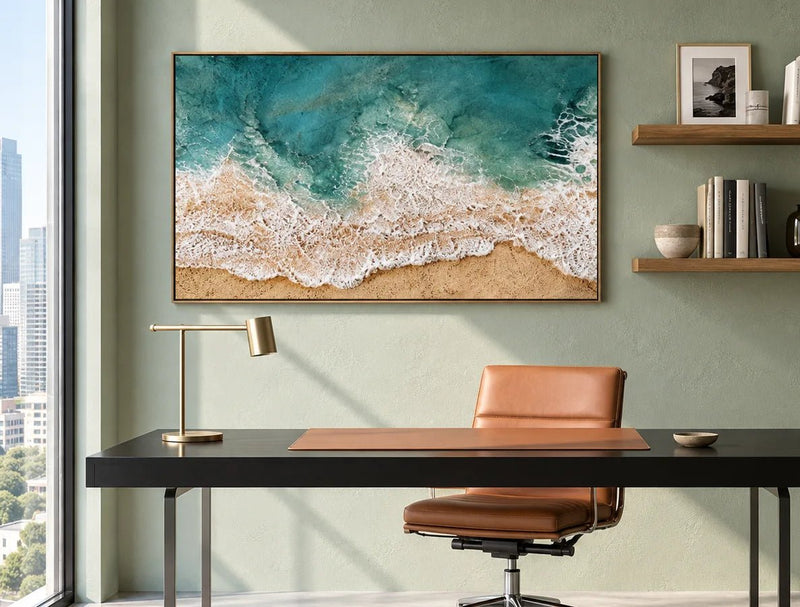 Pintura al óleo abstracta - Arte de pared de olas turquesas en orilla arenosa