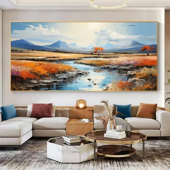 Abstract Oil Painting - Vibrant Autumn Landscape with River Wall Art - Oil Painting Haven