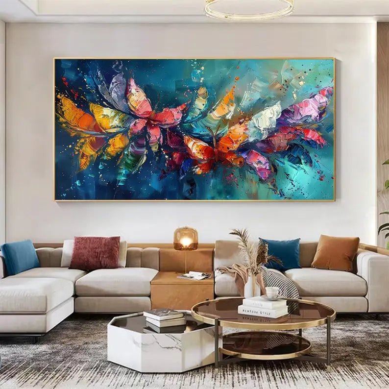 Abstract Oil Painting - Vibrant Colorful Butterflies Wall Art - Oil Painting Haven