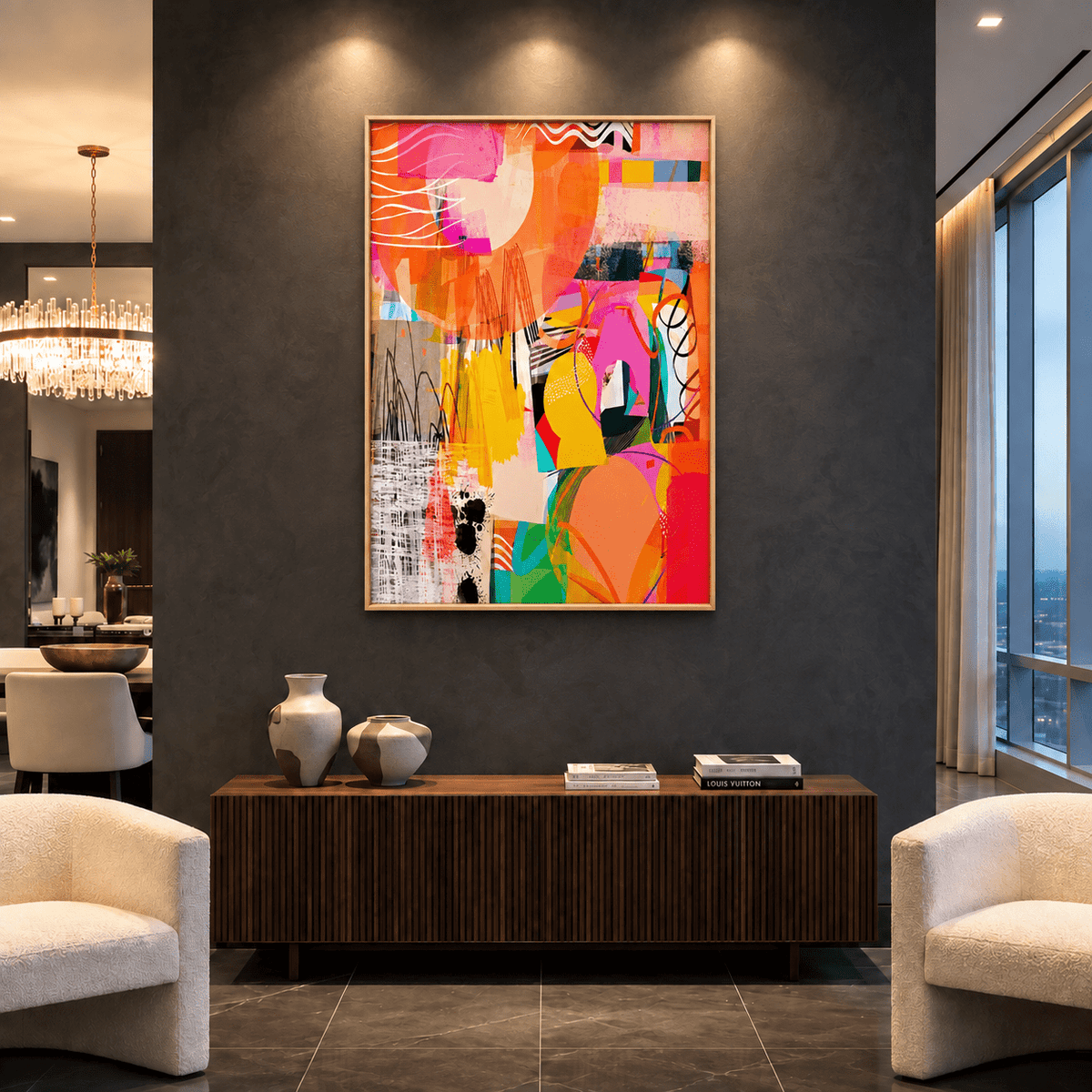 Hand-painted Vibrant Colorful Modern Art for Interior Decor abstract oil painting displayed as wall art in a styled interior