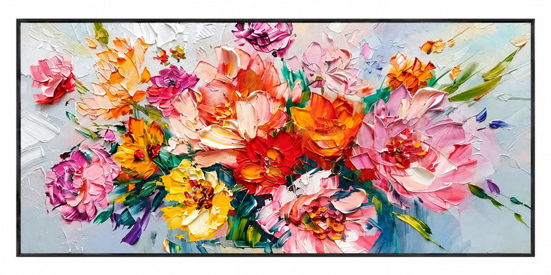 Abstract olieverfschilderij - Levendig bloemenboeket met impastotuur
