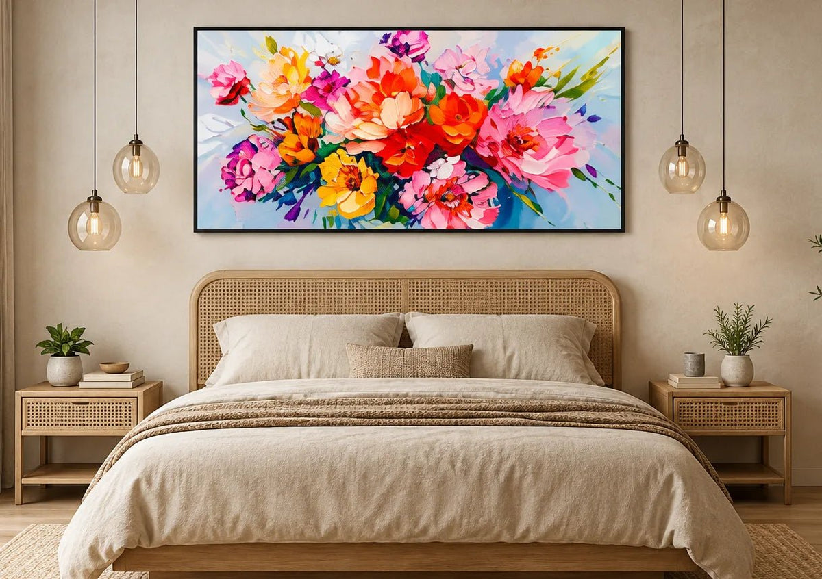 Abstract olieverfschilderij - Levendig bloemenboeket met impastotuur