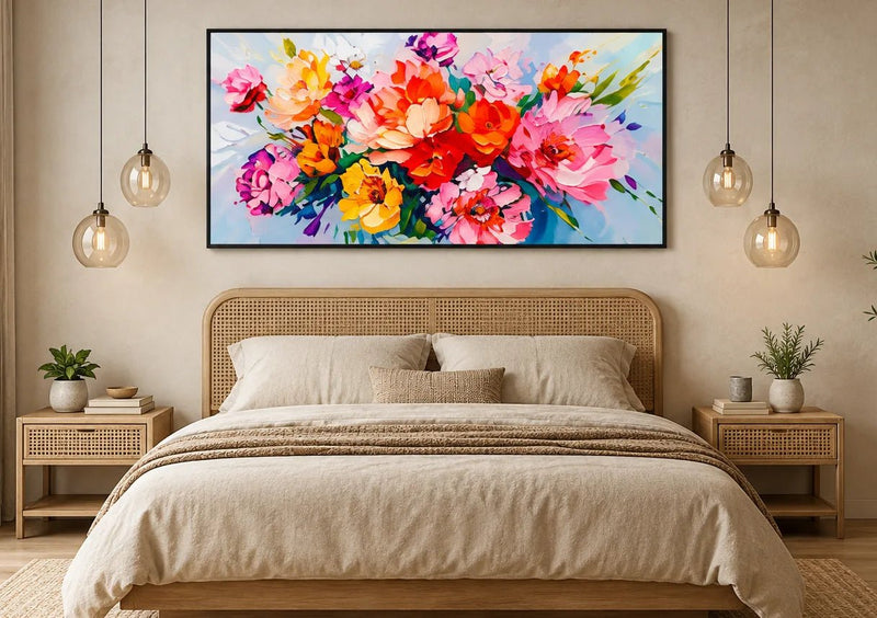 Abstract olieverfschilderij - Levendig bloemenboeket met impastotuur