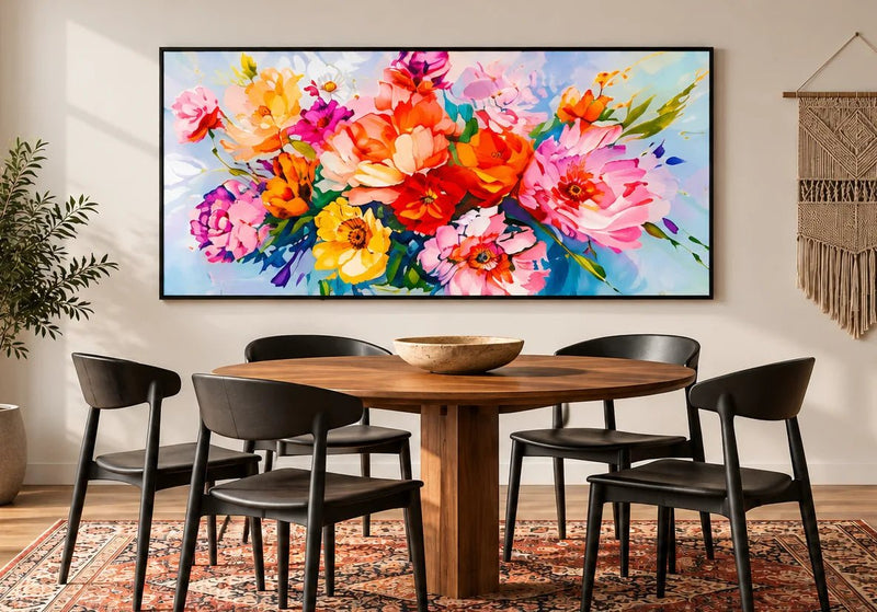 Abstract olieverfschilderij - Levendig bloemenboeket met impastotuur