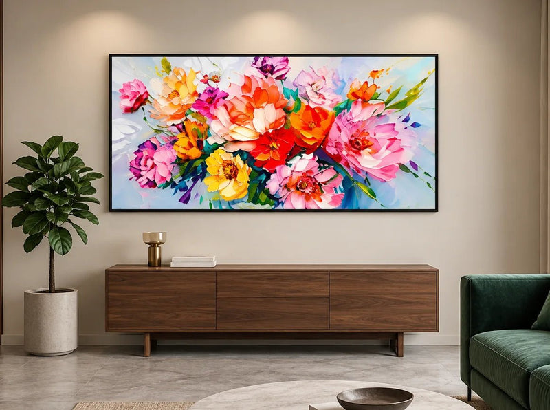 Abstract olieverfschilderij - Levendig bloemenboeket met impastotuur