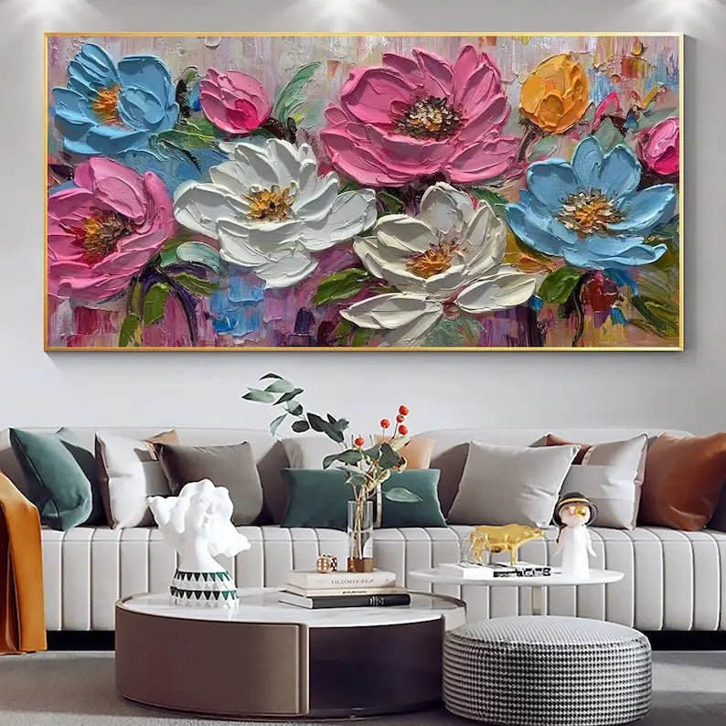Abstract Oil Painting - Vibrant Floral Bouquet Wall Art for Living Room - Oil Painting Haven
