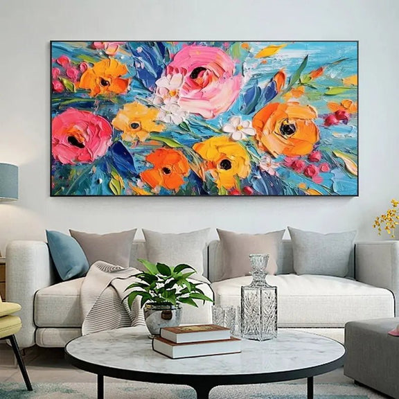 Abstract Oil Painting - Vibrant Floral Bouquet with Blue Background Wall Art - Oil Painting Haven