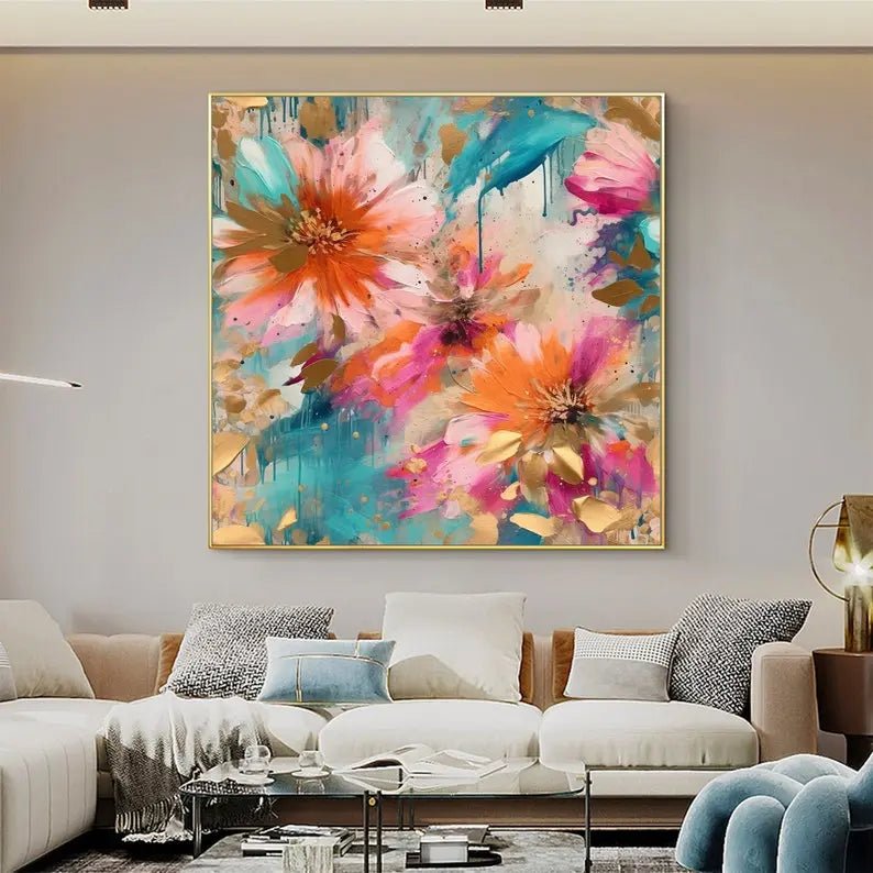 Abstract Oil Painting - Vibrant Floral Bouquet with Gold Accents Wall Art - Oil Painting Haven
