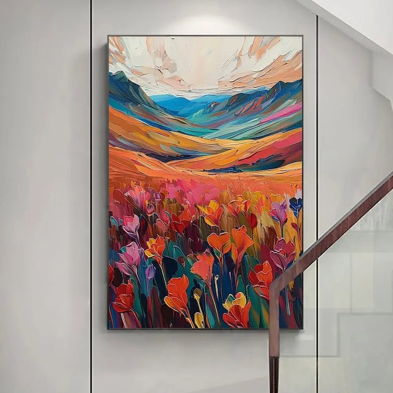 Abstract Oil Painting - Vibrant Floral Mountain Landscape Art - Oil Painting Haven
