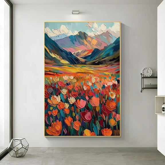 Abstract Oil Painting - Vibrant Mountain and Floral Field Wall Art - Oil Painting Haven