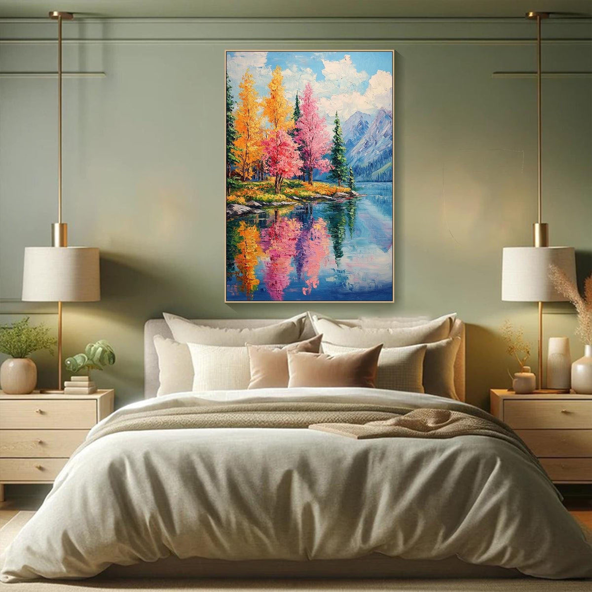 Abstraktes Landschaftsgemälde (Öl) – Herbstlicher Fluss im Wald