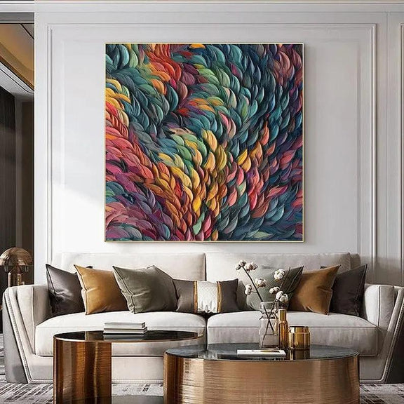Abstract Oil Painting: Vibrant Multicolor Feather - Like Wall Art - Oil Painting Haven